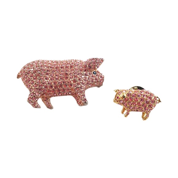 VTG Carolee Pink Swarovski Pig Brooch Pin Set - Picture 9 of 11